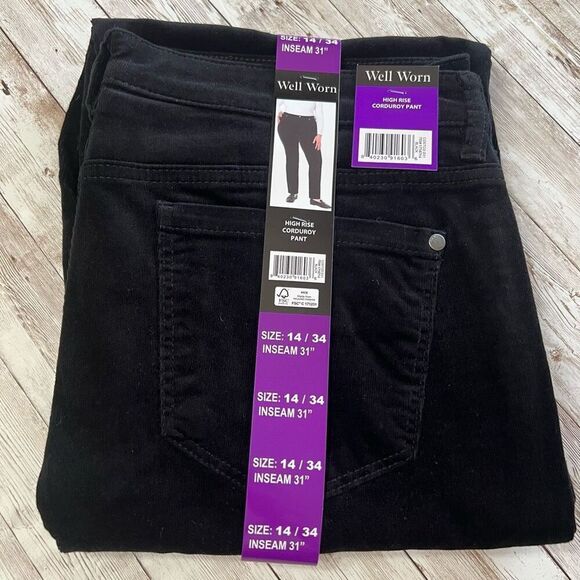 WELL WORN Corduroy Pants Women’s Sz 14 Black High Rise Straight Leg Stretch NWT - Picture 1 of 15